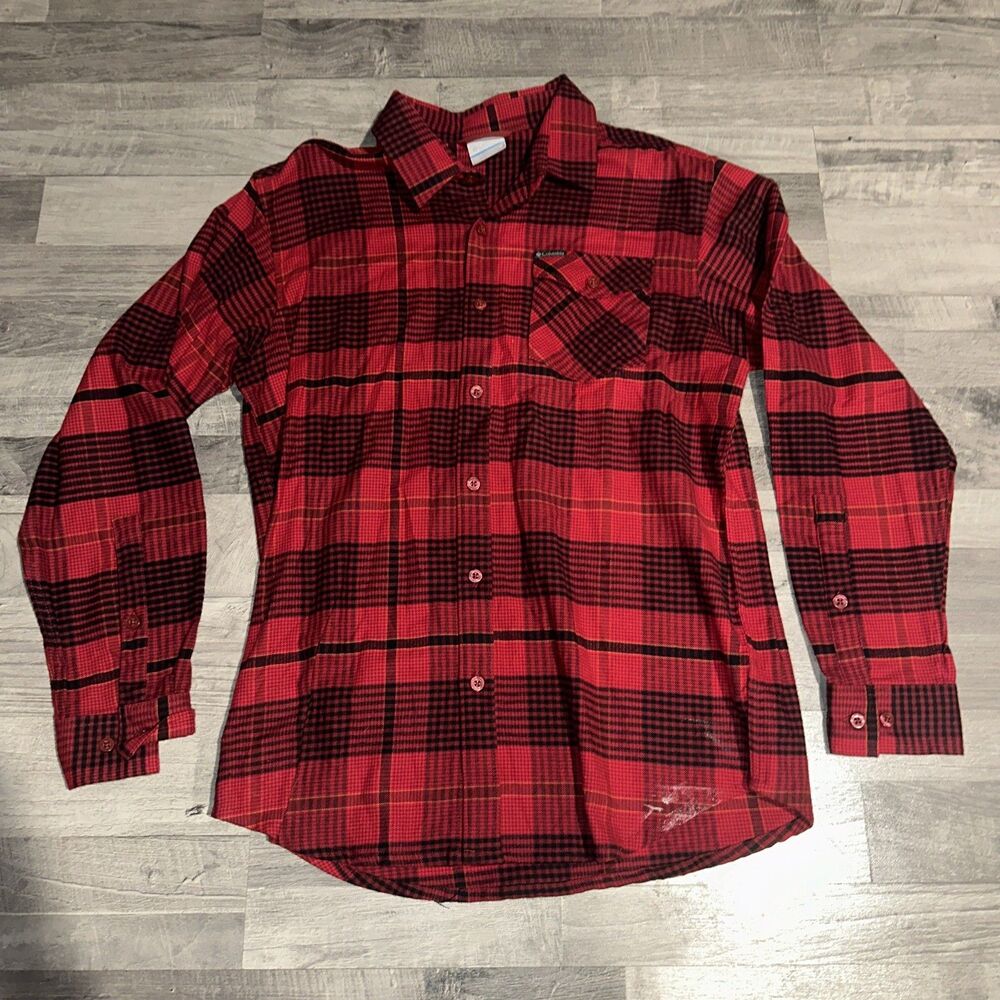 Columbia Flannel Shirt Mens medium Red Black Plaid Tall Fit Outdoor Workwear